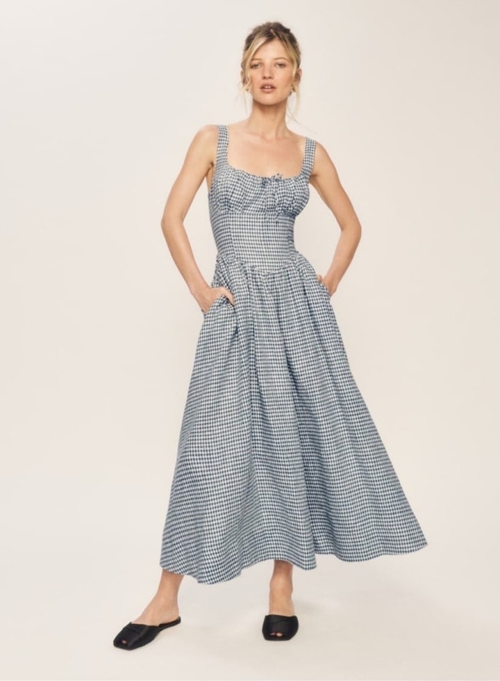 Christian Lacroix Blue Gingham Linen Smocked Midi Milkmaid Dress Medium